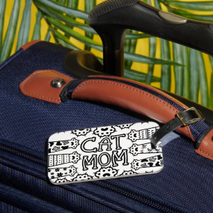 Black and white cat mum with cat paws luggage tag