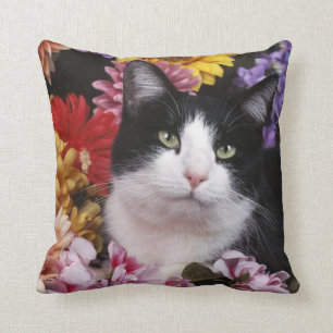 Black and White Cat on Flowers Cushion