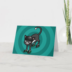 Black and white cat on Rollerskates Card