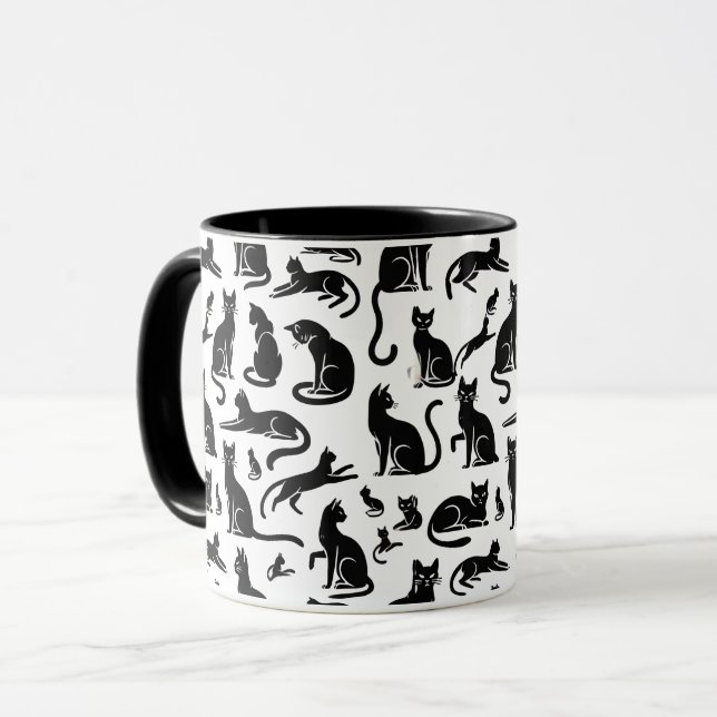 Black and White Cat Pattern Mug – Stylish and Cute (Front Left)