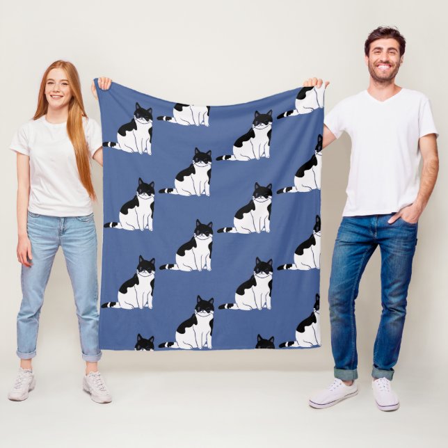 Black and white cat pattern on blue Kitty Voices Fleece Blanket (In Situ)