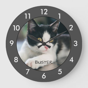 Black and white cat Personalised Large Clock