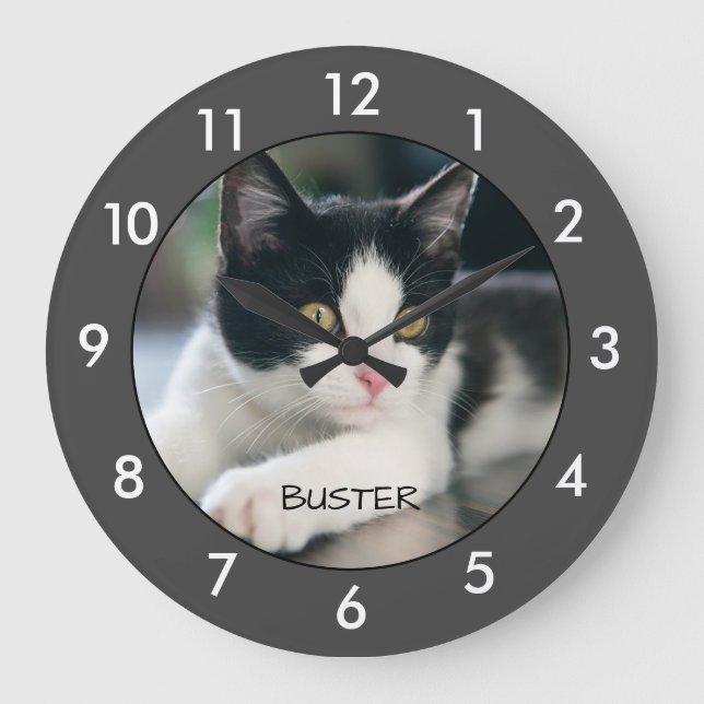 Black and white cat Personalised Large Clock (Front)