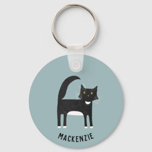 Black and White Cat Personalized Key Ring