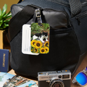 Black and White Cat Photo with Sunflowers Luggage Tag