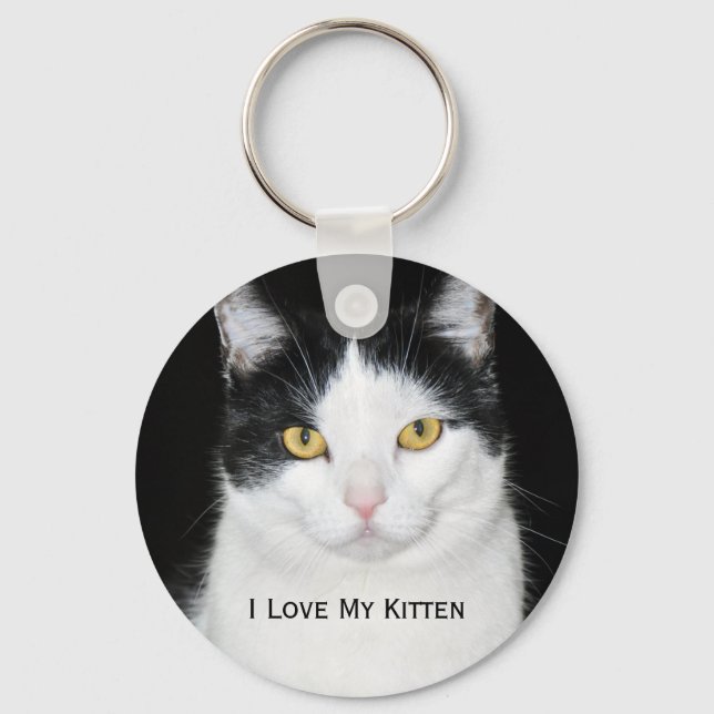 Black and White Cat Portrait Key Ring (Front)