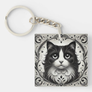  Black and White Cat Portrait Key Ring