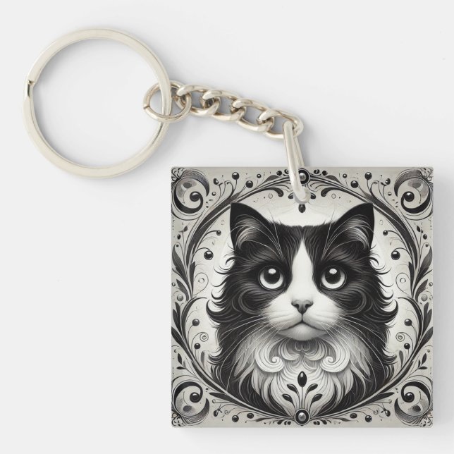  Black and White Cat Portrait Key Ring (Front)