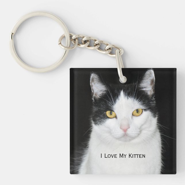 Black and White Cat Portrait Key Ring (Front)