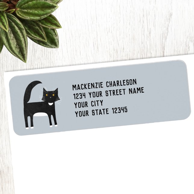 Black and White Cat Return Address Label (Fun black and white Tuxedo Cat personalized custom text return address label)