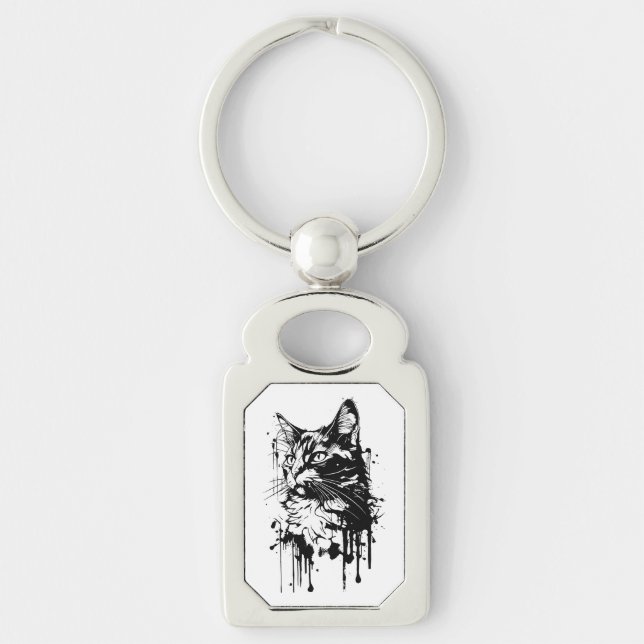 Black and White Cat Splash  Key Ring (Front)
