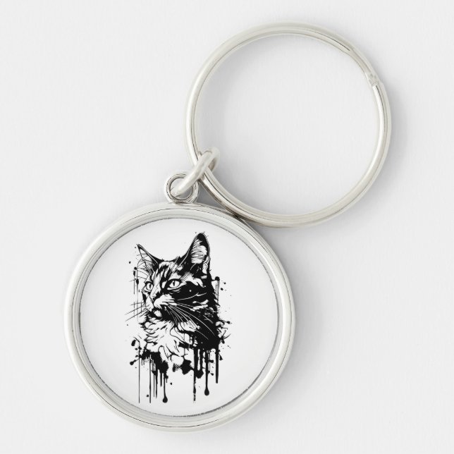 Black and White Cat Splash  Key Ring (Front)