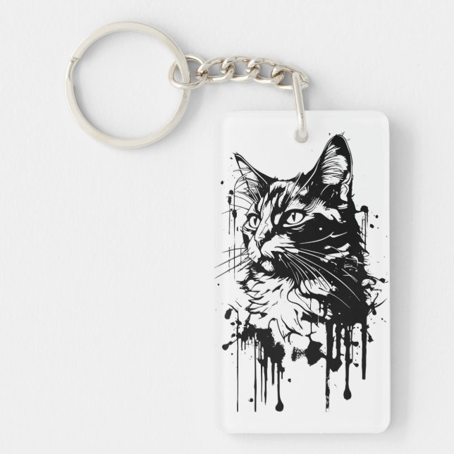 Black and White Cat Splash  Key Ring (Front)