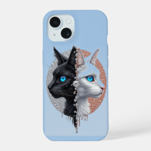 Black and White Cat Split Portrait With Blue Eyes iPhone 15 Case