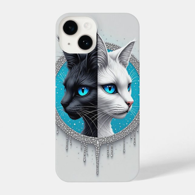 Black and White Cat Split Portrait With Blue Eyes iPhone Case (Back)