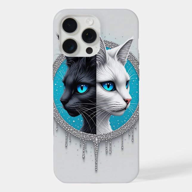 Black and White Cat Split Portrait With Blue Eyes iPhone Case (Back)