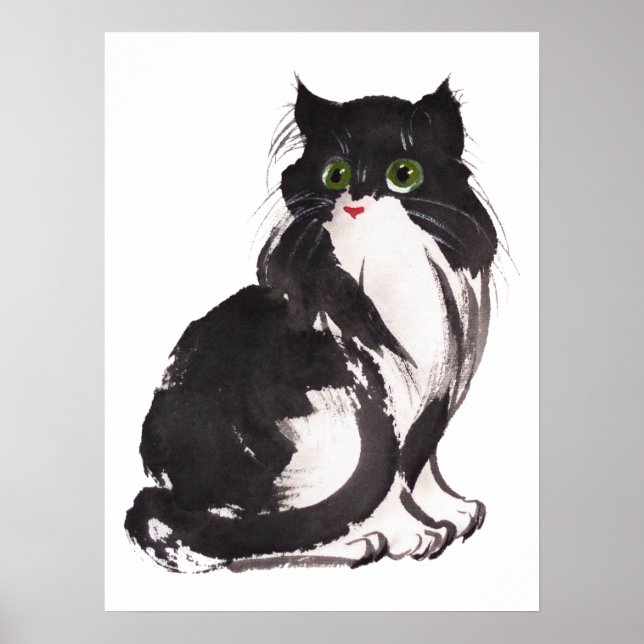 Black and white cat sumie watercolor & ink paintin poster (Front)