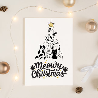Black and White Cat tree Meowy Christmas Holiday Postcard