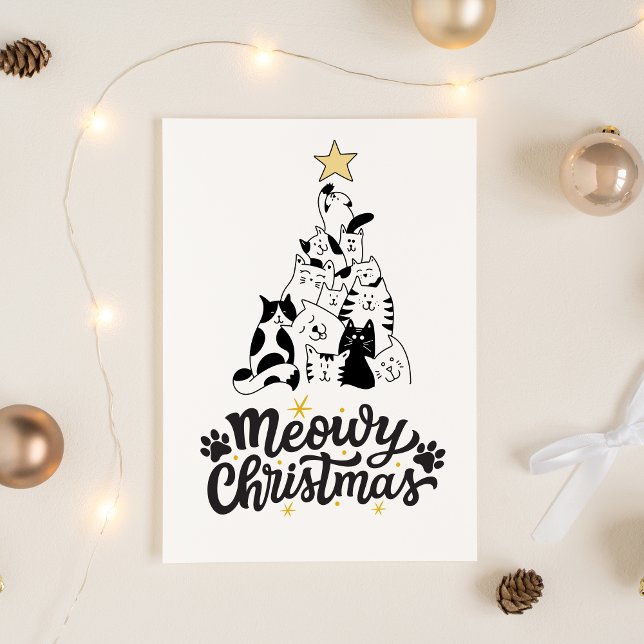 Black and White Cat tree Meowy Christmas  Holiday Postcard (MEOWY CHRISTMAS CARD)