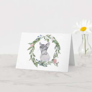 Black and White Cat Watercolor Green Pink Floral  Card