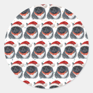 Black and White Cat Watercolor Santa Hat Christmas Classic Round Sticker