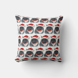 Black and White Cat Watercolor Santa Hat Christmas Cushion