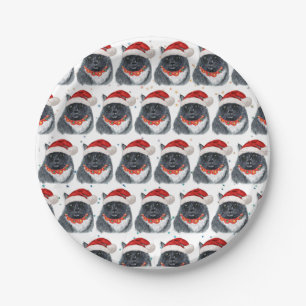 Black and White Cat Watercolor Santa Hat Christmas Paper Plate