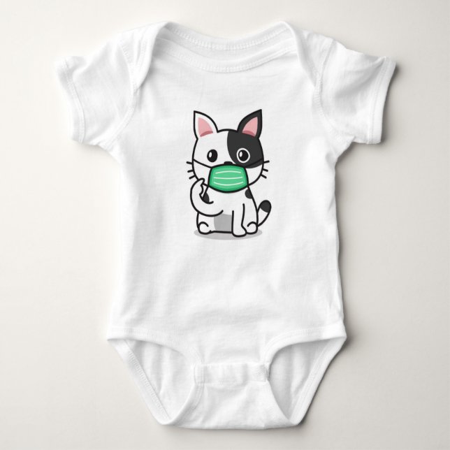 BLACK AND WHITE CAT WEARING MASK BABY BODYSUIT (Front)