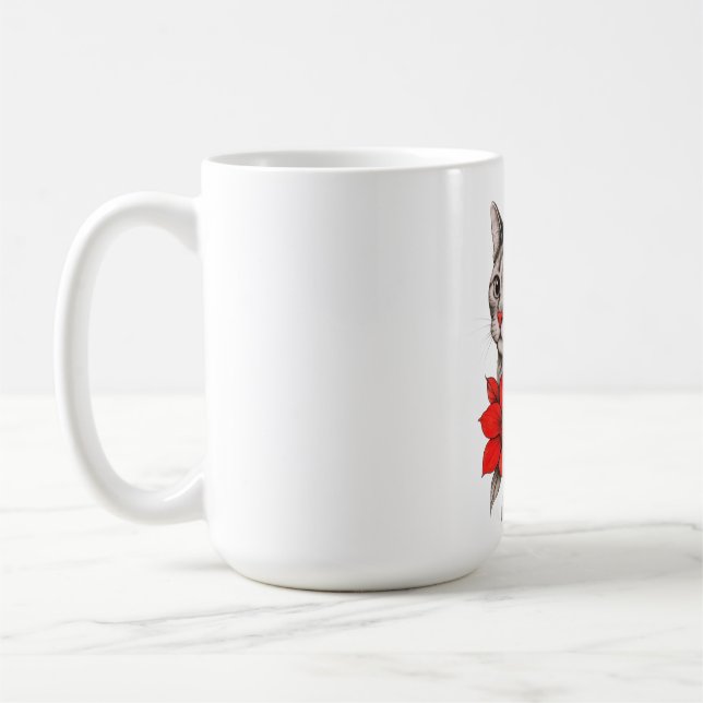 Black and White Cat with Bright Red Blooms Coffee Mug (Left)