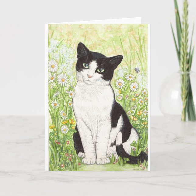 Black and White cat with daisies Card (Front)