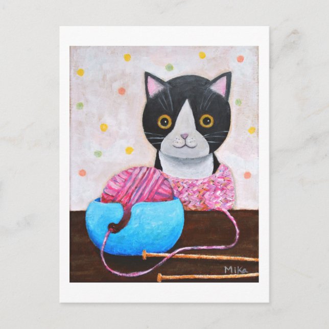 Black and White Cat with knitting needles and yarn Postcard (Front)