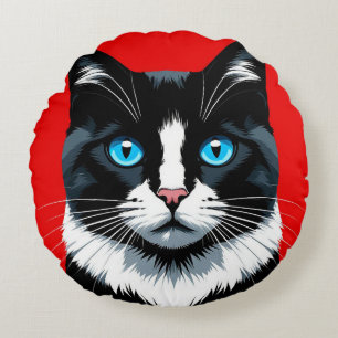 Black and White Cat With Vibrant Blue Eyes Round Cushion