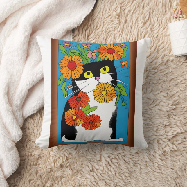 Black and White Cat with Yellow Flowers Cushion (Blanket)