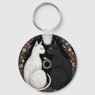 Black and White Cat Yin Yang Symbol Key Ring