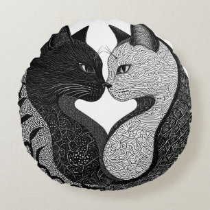 Black and White Cat Yin Yang Symbol Round Cushion