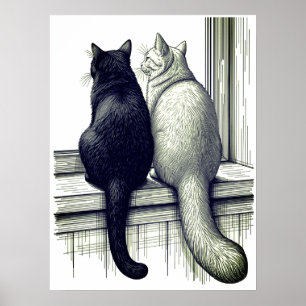 Black and White Cats at the Window Poster