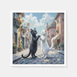 Black and White Cats Dancing On Cobblestone Napkin
