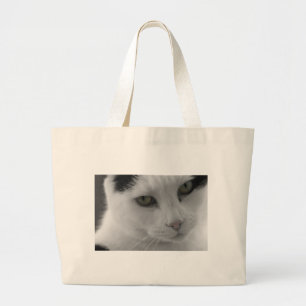 Black and white cats face large tote bag
