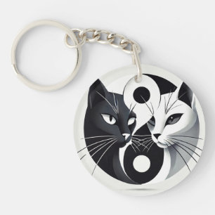 Black and White Cats Forming a Yin-Yang Symbol Key Ring