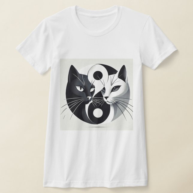 Black and White Cats Forming a Yin-Yang Symbol T-Shirt (Laydown)