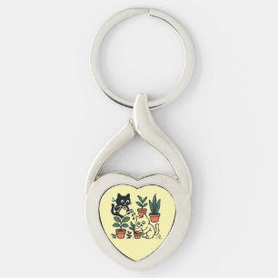 Black and White Cats Gardening Plants Key Ring