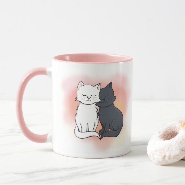 Black and White Cats in Love Dreamy Pink Mug (With Donut)
