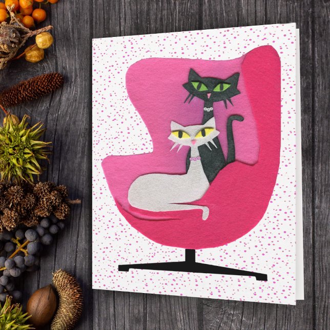 Black and White Cats in Pink Chair on Dots Card (Mid century black white cats in pink chair on polka dots on note card.)
