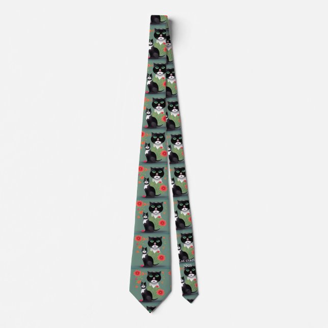 Black and white cats with background flowers  tie (Front)