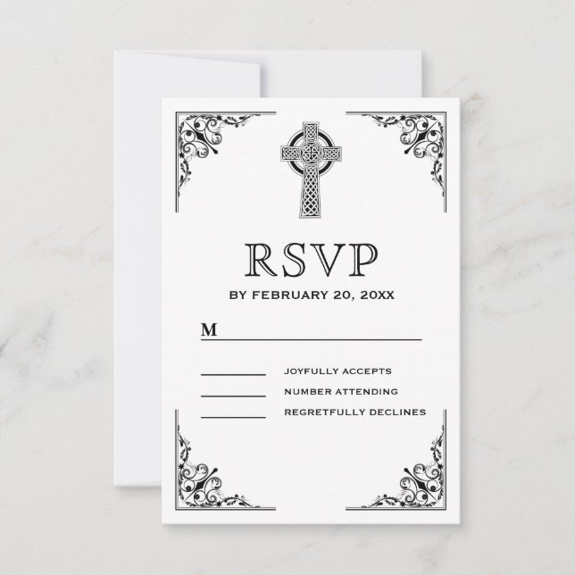 Black and White Celtic Cross Wedding RSVP Card (Front)