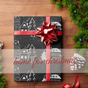  Black and White Chalk Snowy Town Wrapping Paper