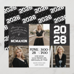Black and White Chalkboard 3 Photo Graduation Invitation