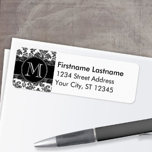 Black and White Chalkboard Damask Pattern Return Address Label