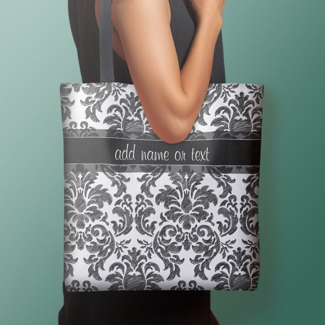 Black and White Chalkboard Damask Pattern Script Tote Bag (Add your name to this personalized tote bag)