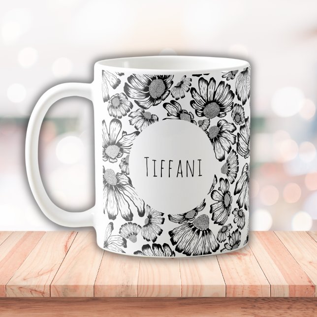 Black And White Chamomile Add Name Coffee Mug (Creator Uploaded)